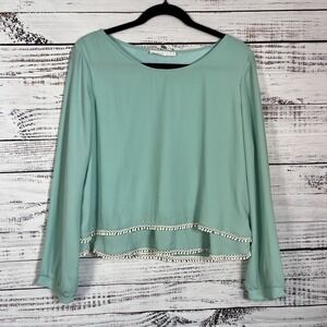LUSH Mint Green Blouse Size Medium Fringe Chiffon Lightweight Work Casual